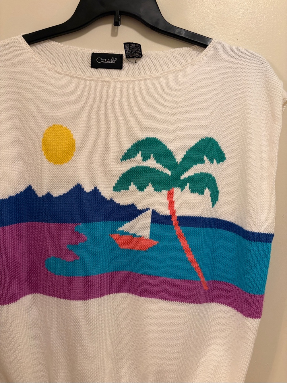 Vintage Catalina Coastal Scene Knit Top with Palm Tree and Sailboat - Picture 2 of 6